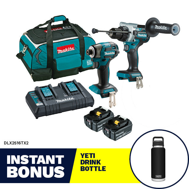 Makita 18v Brushless 2 Piece Hammer Drill & Impact Driver Combo Kit - Dlx2516tx2 - 2 X 5.0ah Batteries With Bonus Yeti Drink Bottle
