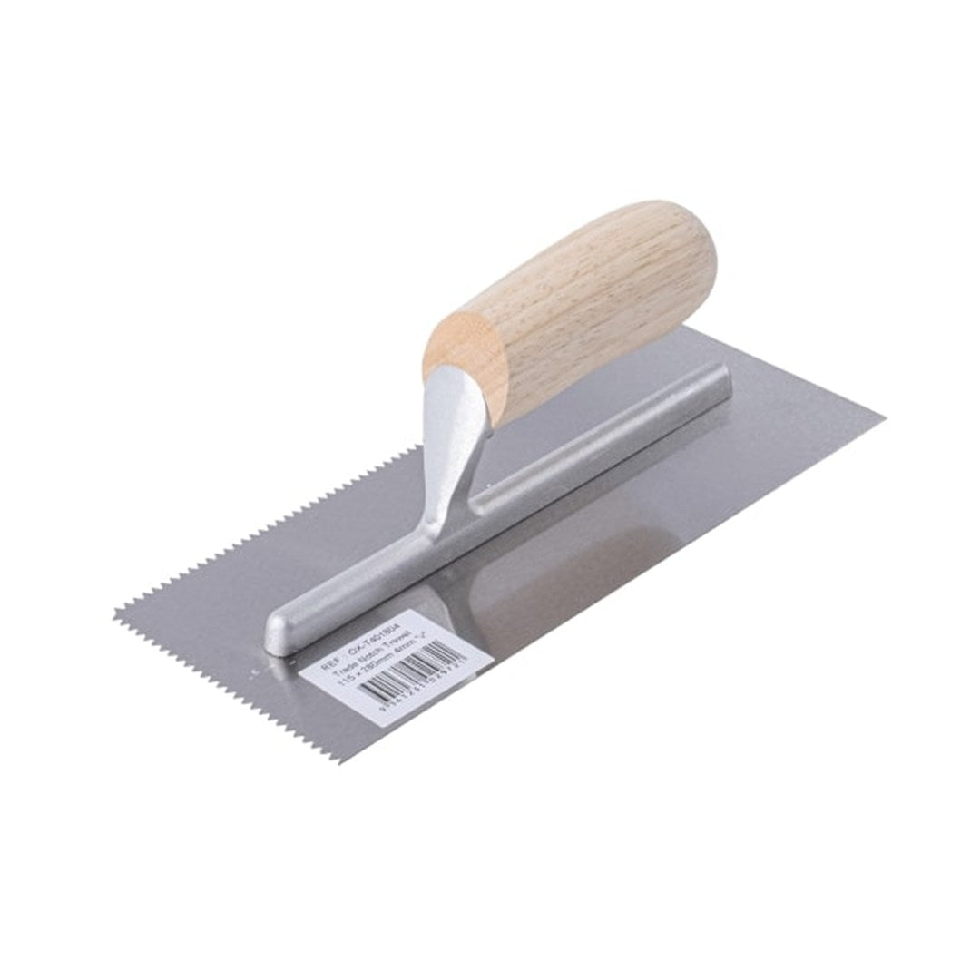 V-Notch Trowel 115x280mm 4mm Notches Carbon Steel Timber Handle Trade Series