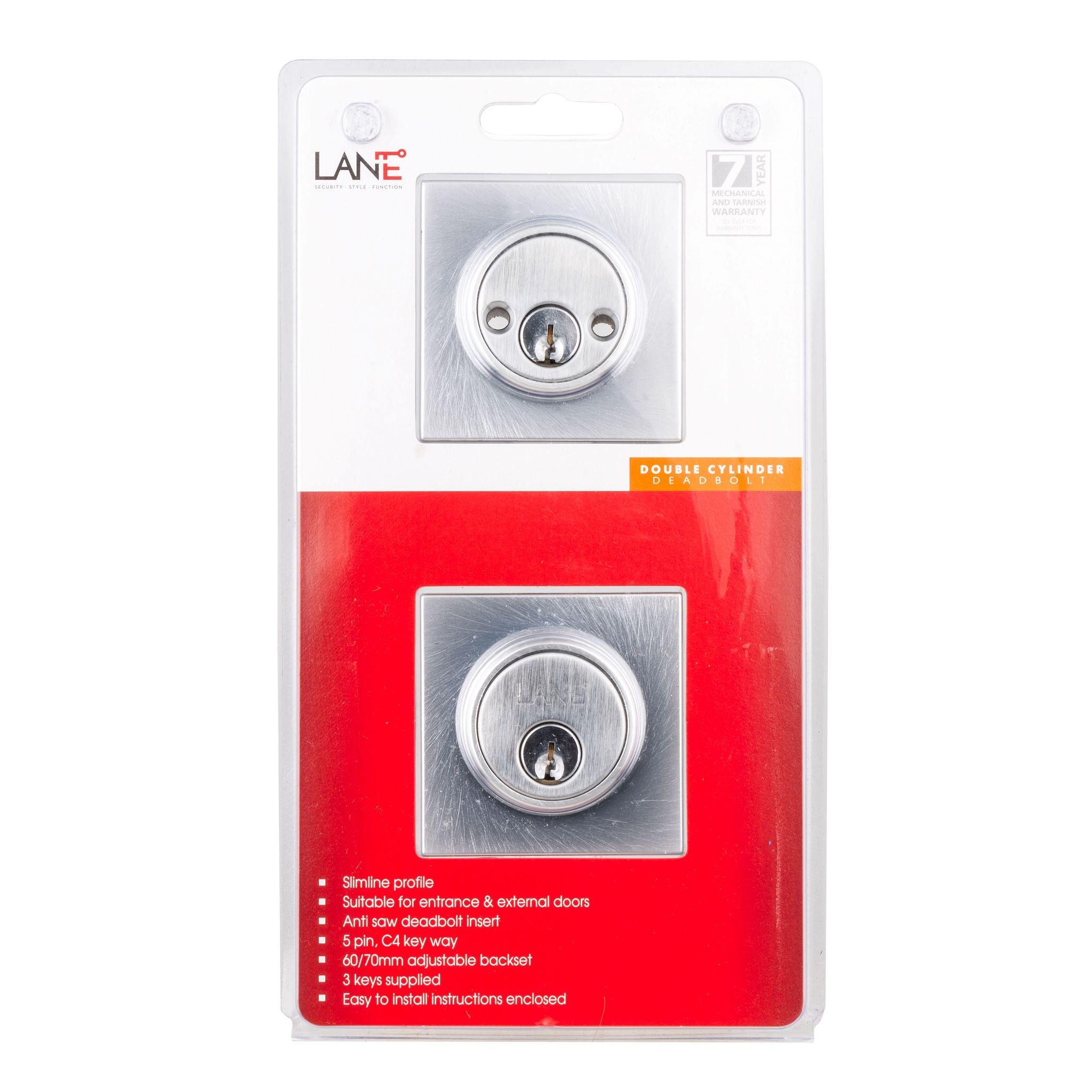 Lane Slimline Deadbolt Square Dbl Cyl Satin Chrome