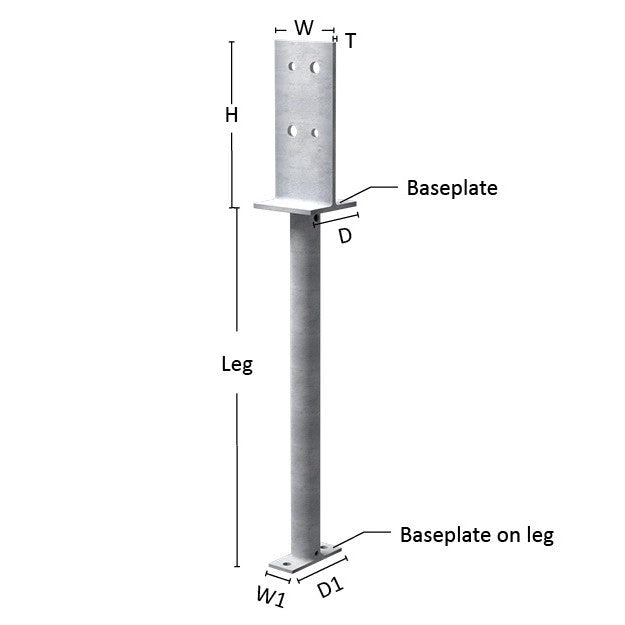 Dunnings Type T Heavy Duty Rod Stem Post Anchor - M16 - Grade 316 Stainless Steel - 580mm Leg