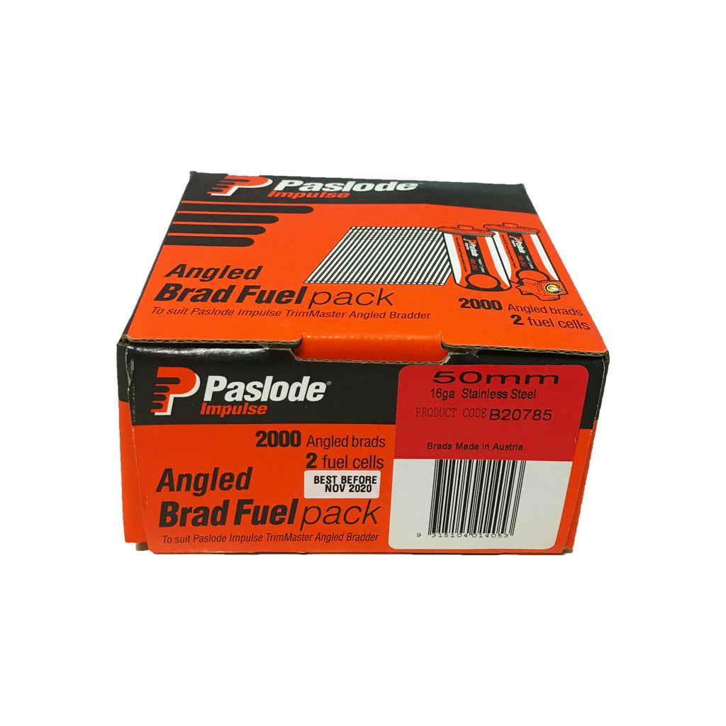 Paslode Brad Nail Angled Chisel Point Stainless Steel Box Of 2,000 With 2 Fuel Cells