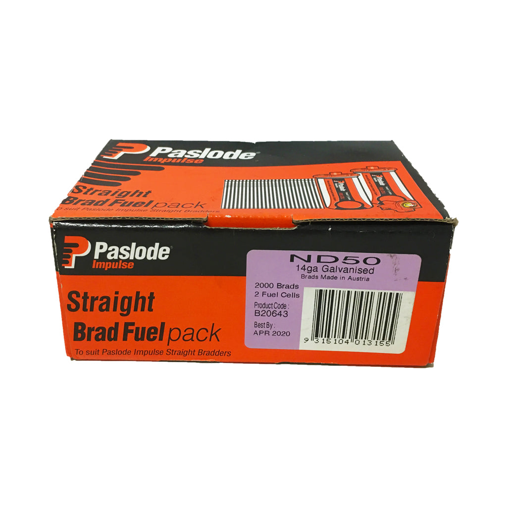 PASLODE BRAD NAIL STRAIGHT ND CHISEL POINT STAINLESS STEEL BOX OF 2,000 WITH 2 FUEL CELLS