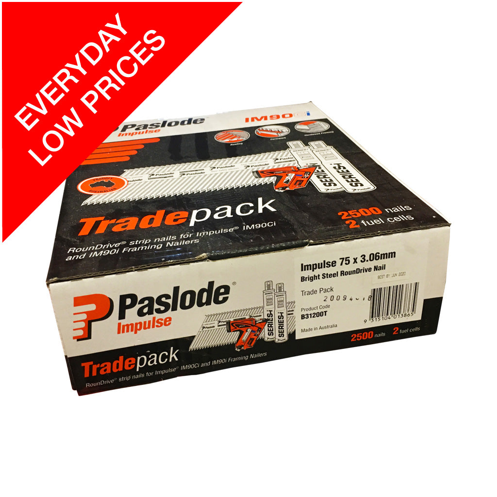 FRAMING NAIL SMOOTH 75X3.06MM D-HEAD DIAMOND POINT BRIGHT IMPULSE VALUE PACK BOX OF 3,000 WITH 3 FUEL CELLS