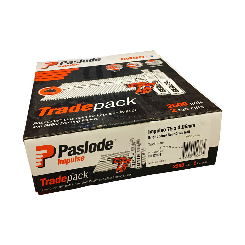 FRAMING NAIL SMOOTH IM90I SERIES ROUND DRIVE DIAMOND POINT BRIGHT IMPULSE TRADE PACK BOX OF 2500 WITH 2 FUEL CELLS
