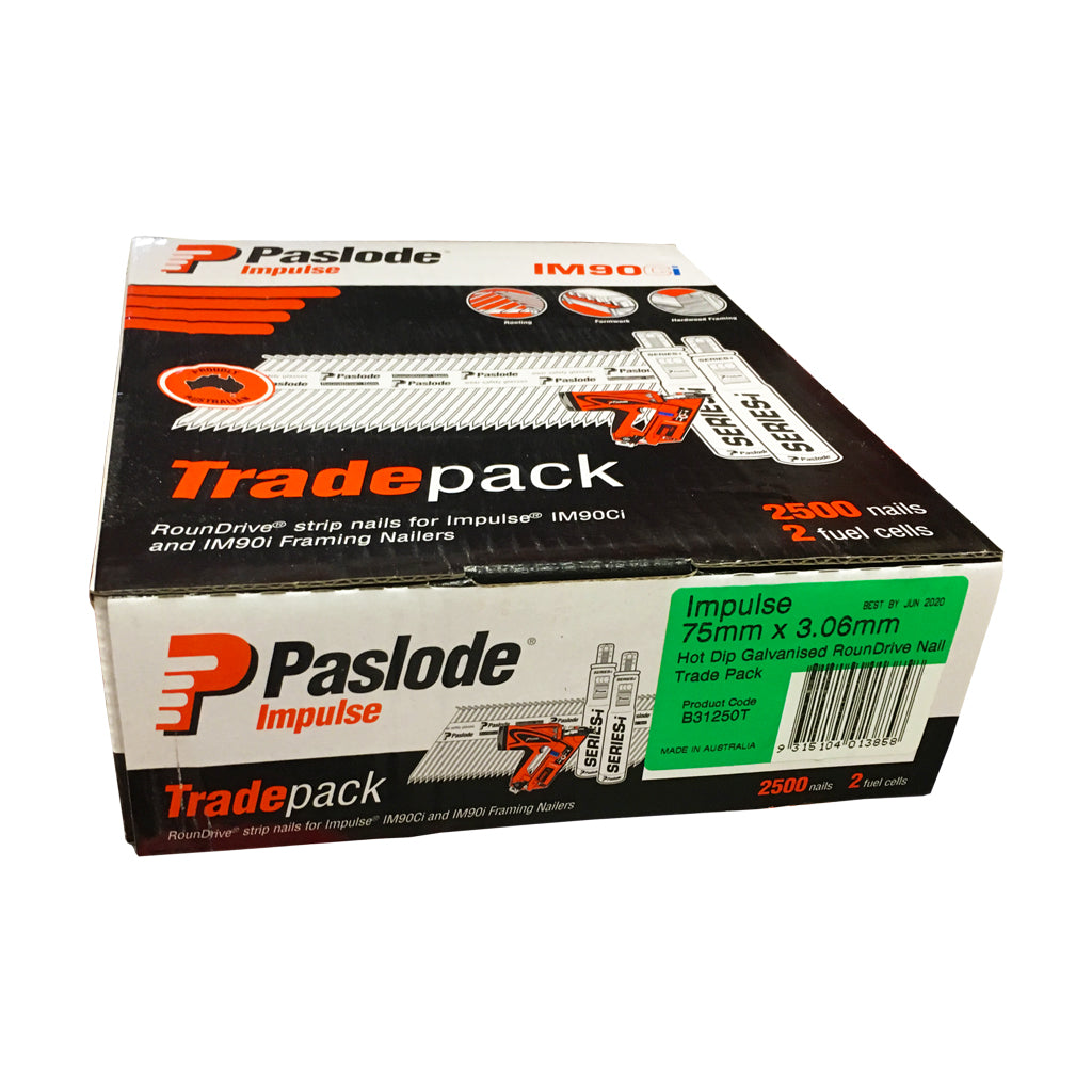 FRAMING NAIL SMOOTH IM90I SERIES ROUND DRIVE DIAMOND POINT HOT DIPPED GALV IMPULSE TRADE PACK BOX OF 2500 WITH 2 FUEL CELLS