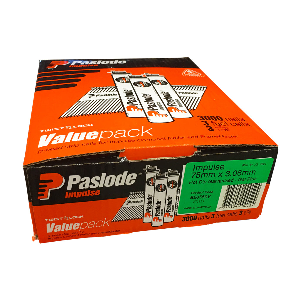 FRAMING NAIL SMOOTH D-HEAD DIAMOND POINT HOT DIPPED GALV IMPULSE VALUE PACK BOX OF 3,000 WITH 3 FUEL CELLS