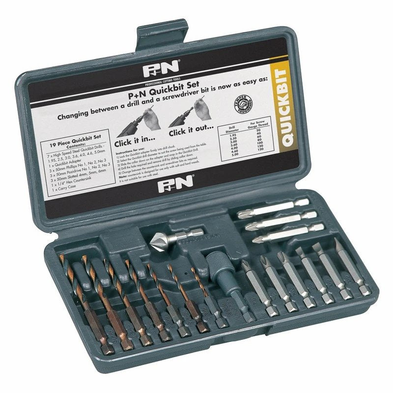 P&N Quickbit Drill, Countersink & Screwdriver Bit Set - 19 Piece