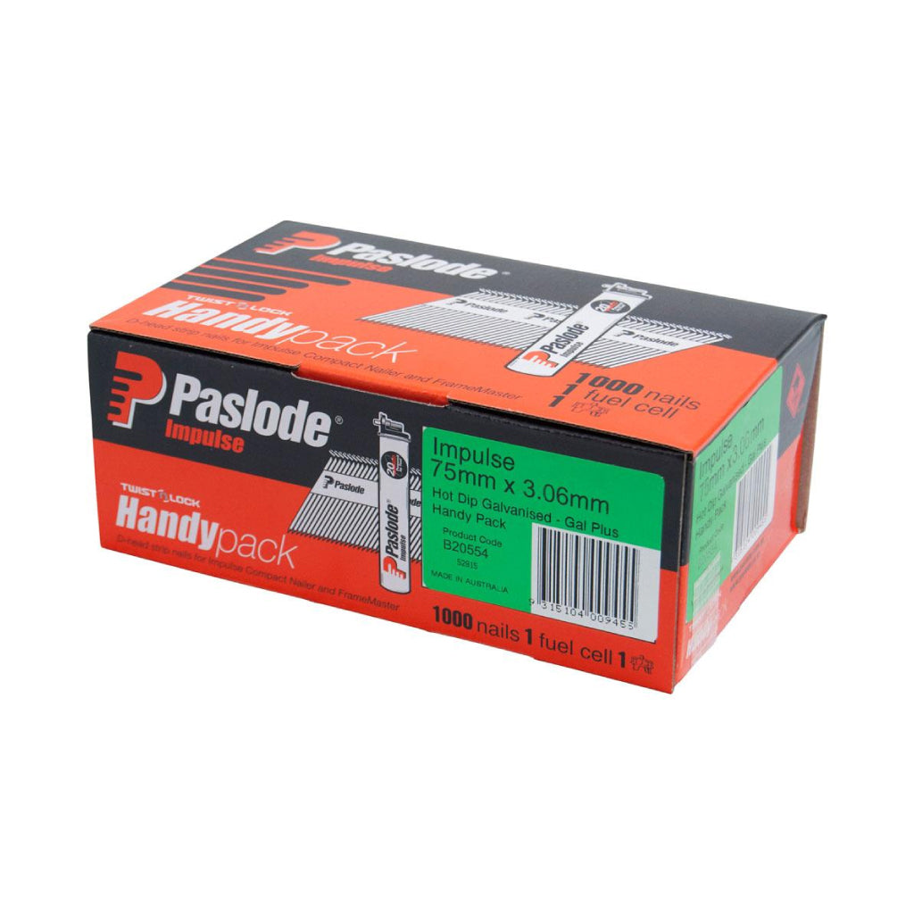 FRAMING NAIL SMOOTH D-HEAD DIAMOND POINT HOT DIPPED GALV IMPULSE HANDY PACK BOX OF 1,000 WITH 1 FUEL CELL