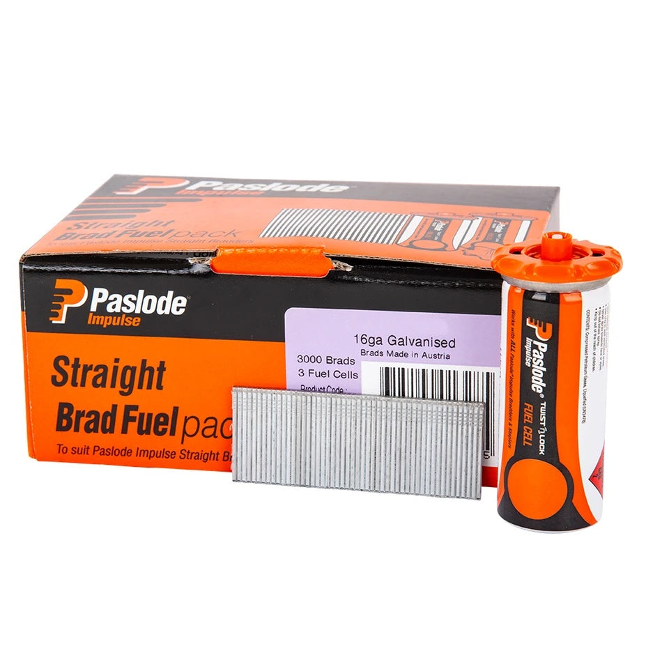Paslode Impulse C Series 16g Straight Brad & Fuel Pack - Zinc Plated - 32mm - 3000 Nails / 3 Fuel Cells
