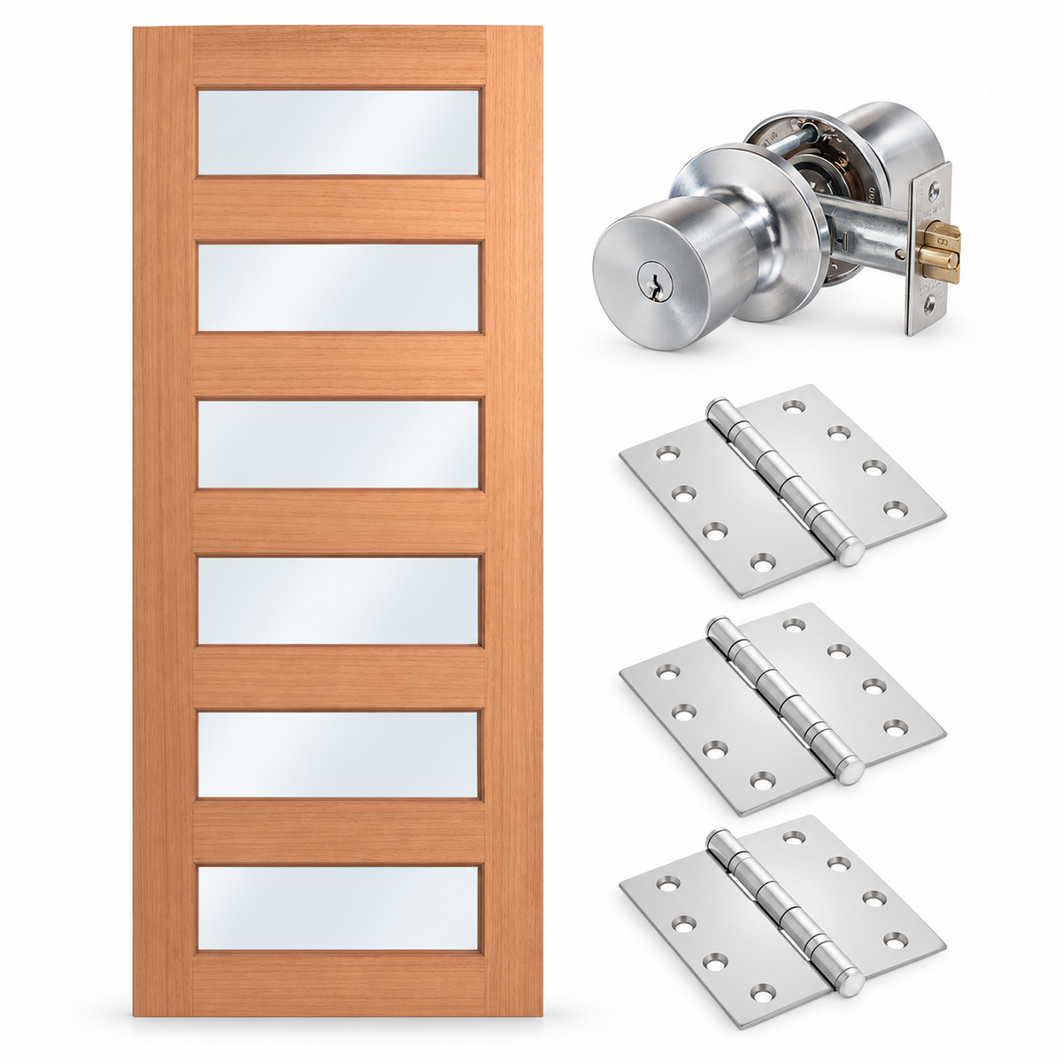 A wood interior door with five rectangular glass panes shown next to a silver metal lockset hardware set including a round deadbolt, latch, and three hinges on a white background.