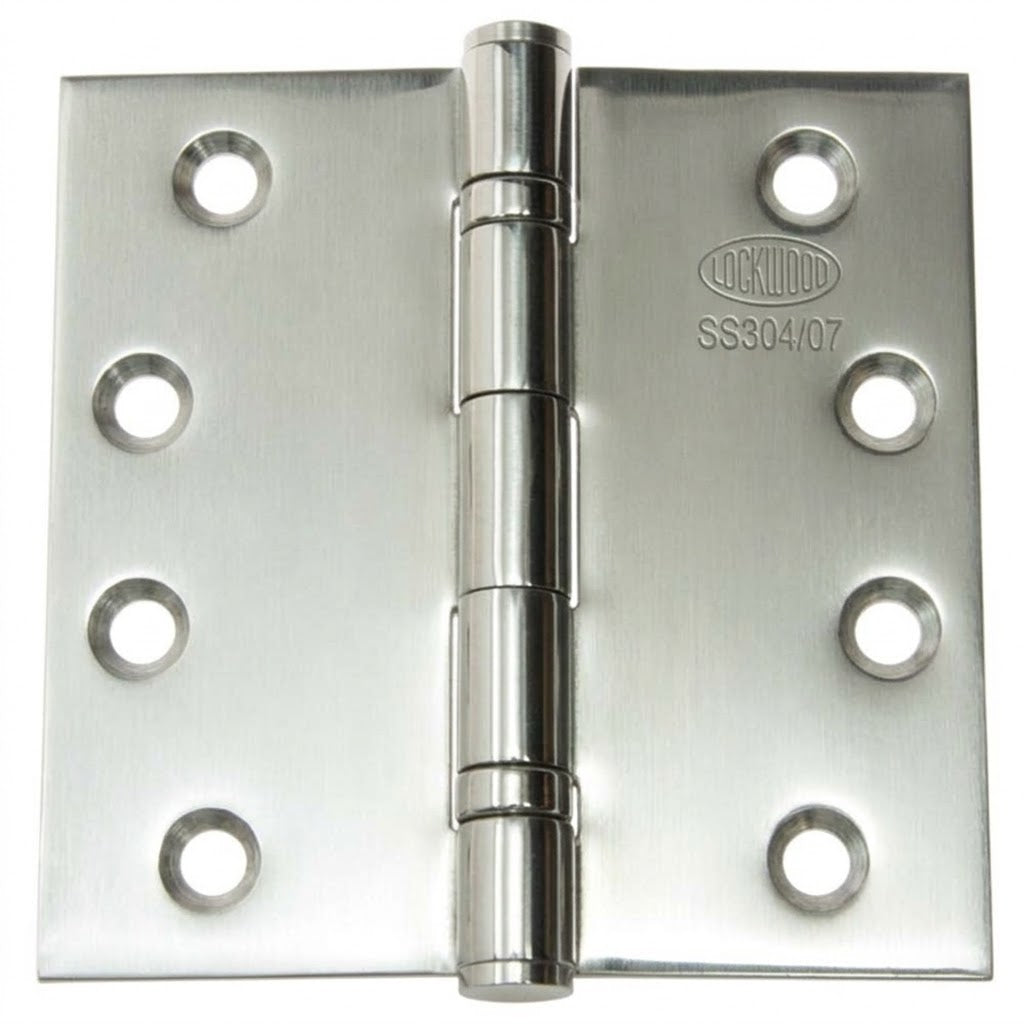 A Lockwood SS304 stainless steel butt hinge with six pre-drilled mounting holes, shown on a solid white background.