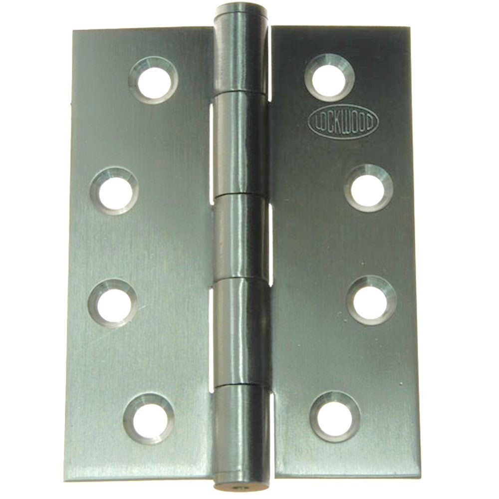 A heavy-duty metal hinge with six pre-drilled screw holes on each leaf, featuring a brushed silver finish and the Lockwood brand logo stamped on the right leaf.