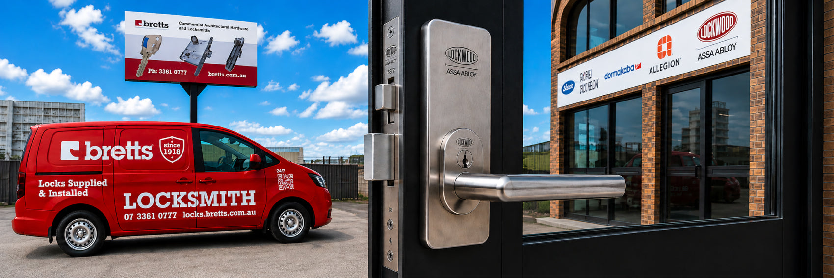 Red locksmith van, key lock mechanism, and building facade with signage.