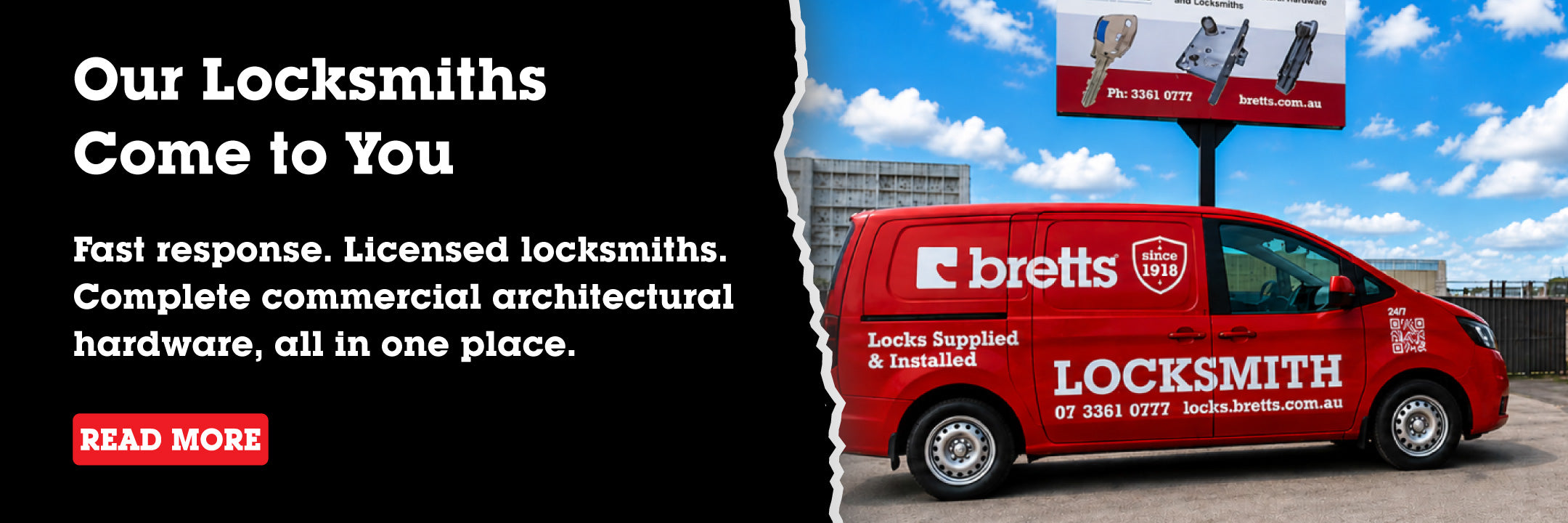 Bretts locksmith van with advertisement text on a black and blue background